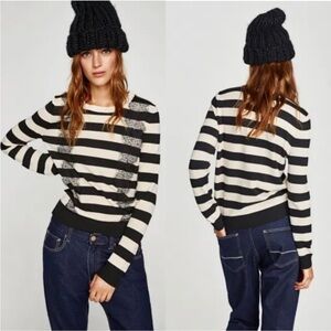 Zara Knit Black and Cream Striped Sweater with black eyelash lace Size Small